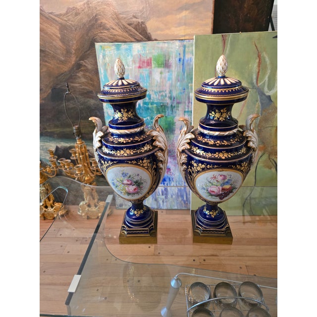 Antique Cobalt Blue Porcelain Pr Urns Attributed to Sevres | Chairish