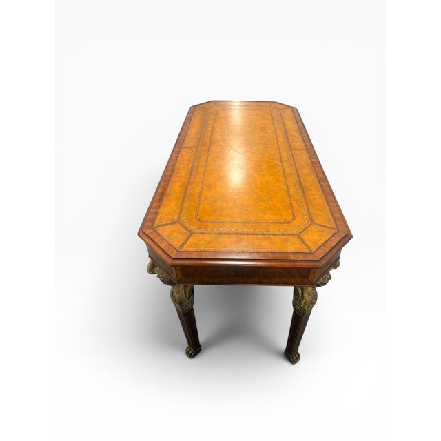 Vintage Maitland-Smith Neoclassical Tooled Leather & Brass Figural Writing Desk For Sale - Image 9 of 15