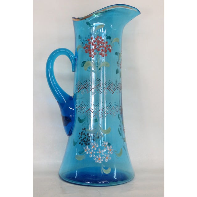 Tall Hand Blown Glass Blue and Hand Painted Flowers Pitcher For Sale - Image 13 of 13