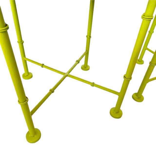 Pair of Mid Century Faux Bamboo Stools in the Style of Phyllis Morris – Green Metal & White Vinyl For Sale In Dallas - Image 6 of 12