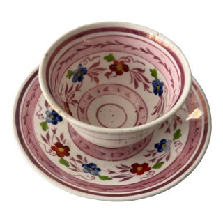 Charming Antique English Pink LusterWare Cup and Saucer For Sale