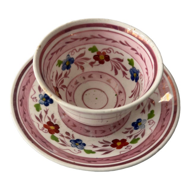 Charming Antique English Pink LusterWare Cup and Saucer For Sale