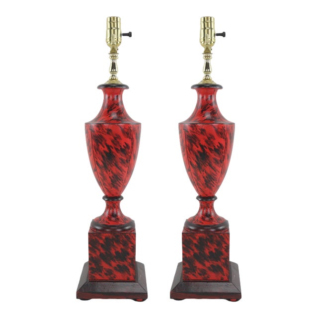 A Pair Vintage British Wooden Trophy Hand-Painted Imitation Turtle Shell Pattern Table Lamp For Sale