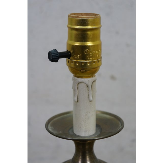 Late 20th Century Vintage Brass Colonial Candlestick Crewel Shade Vanity Boudoir Lamp 19" For Sale - Image 5 of 14