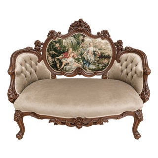 French Louis XV Style Carved Walnut Settee With Aubusson-Style Tapestry Back & Tufted Velvet Upholstery For Sale