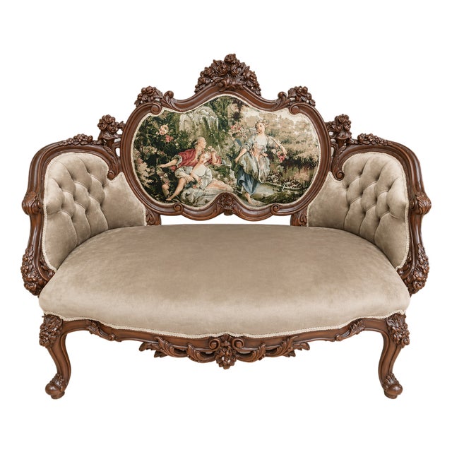 French Louis XV Style Carved Walnut Settee With Aubusson-Style Tapestry Back & Tufted Velvet Upholstery For Sale