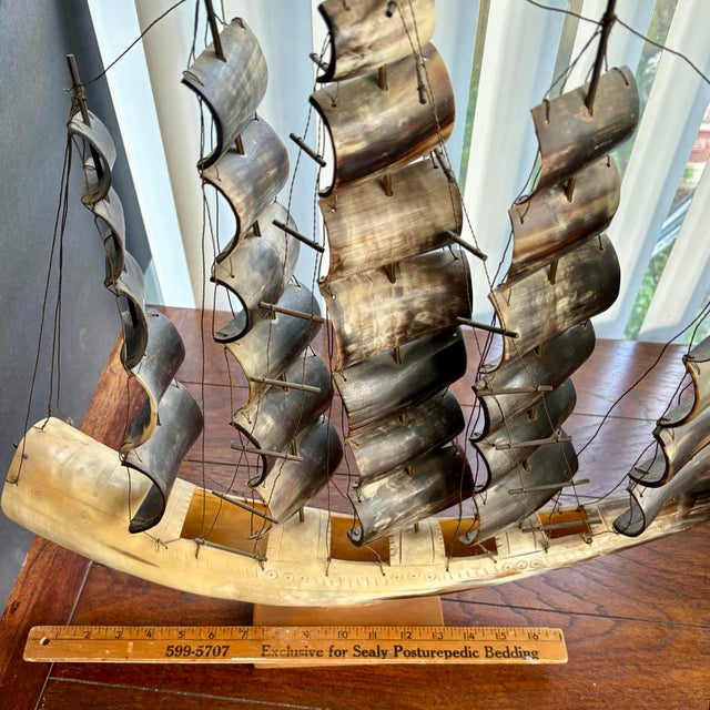Large Vintage Carved Horn Ship Sculpture on Wooden Base For Sale - Image 11 of 12
