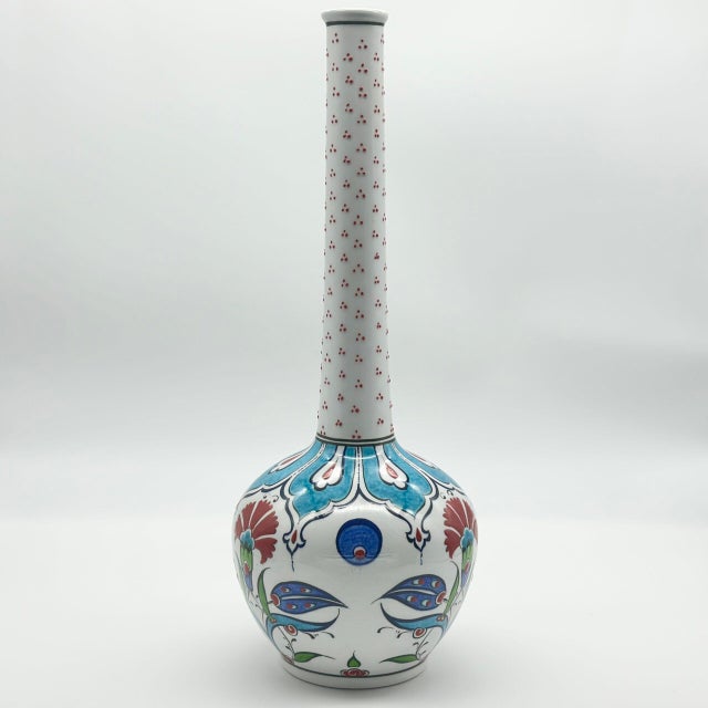 Handmade Ceramic Long-Neck Vase (25cm) – Turquoise Scallop Shoulder & Red Dots – Iznik Decor For Sale - Image 6 of 8
