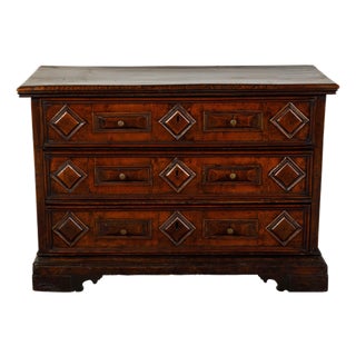 Italian 1800s Walnut Commode with Three Drawers and Raised Diamond Motifs For Sale