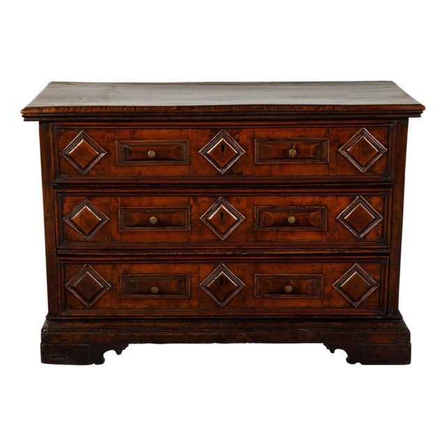 Italian 1800s Walnut Commode with Three Drawers and Raised Diamond Motifs For Sale