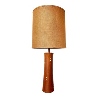 Rare Turned Teak and Ceramic Martz Dots Lamp With Shade For Sale