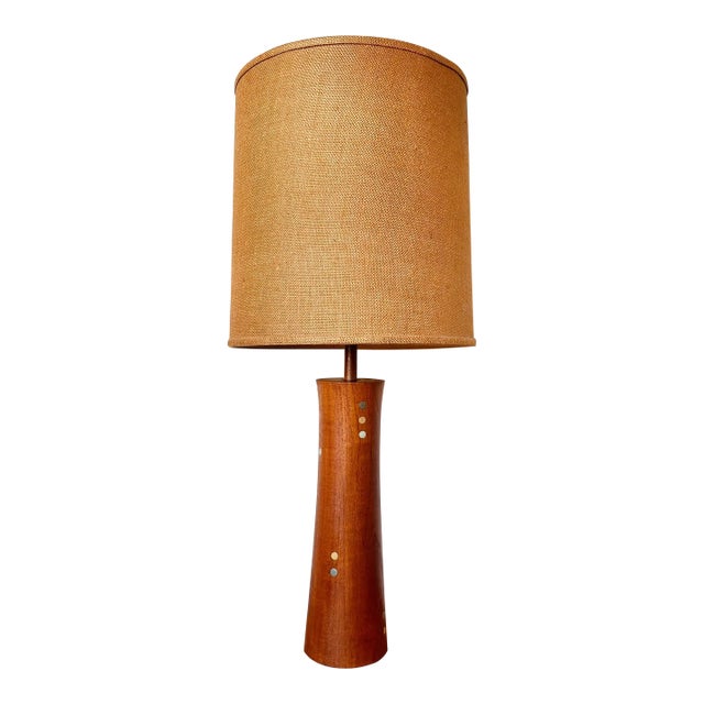 Rare Turned Teak and Ceramic Martz Dots Lamp With Shade For Sale