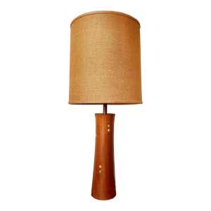 Rare Turned Teak and Ceramic Martz Dots Lamp With Shade
