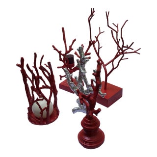 Set of 4, Vintage Faux Coral Candle Holder Decor Bundle in Red and Silver For Sale