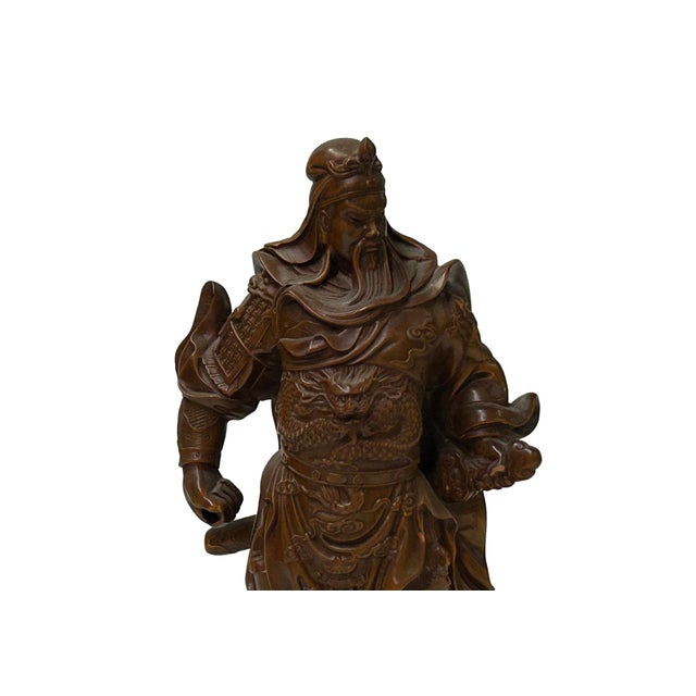Carved Wood General Guan Yu Warrior Dragon Armor Figurine Sculpture For Sale - Image 4 of 10