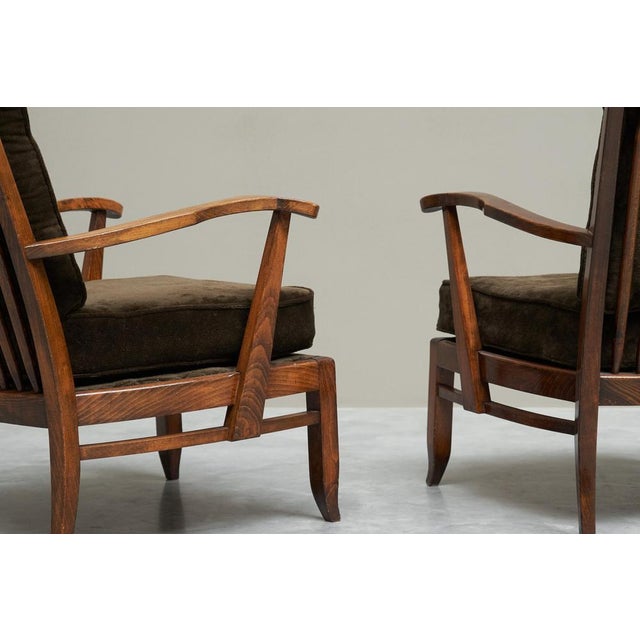 Brown Vintage French Lounge Chairs in Oak and Velvet, 1940s, Set of 4 For Sale - Image 8 of 11