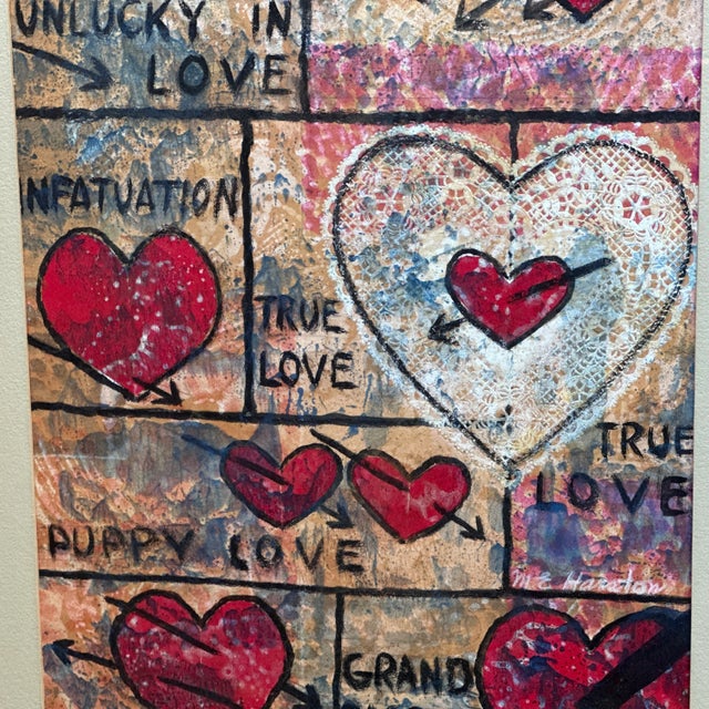 Vintage Love! Love! Love! Acrylic Painting by m.e. Harston in Original Frame For Sale - Image 4 of 12