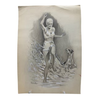 1940s Original Signed Graphite Illustration of Woman Running Through Surf With Dog, 13.5 X 9.75 In. For Sale