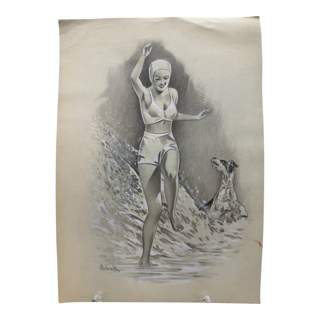 1940s Original Signed Graphite Illustration of Woman Running Through Surf With Dog, 13.5 X 9.75 In. For Sale
