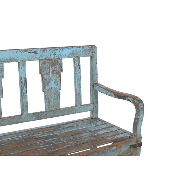 Vintage Anglo-Indian Painted Teakwood Garden Bench, with a simple mid-century back splat form, and worn blue paint. A very...
