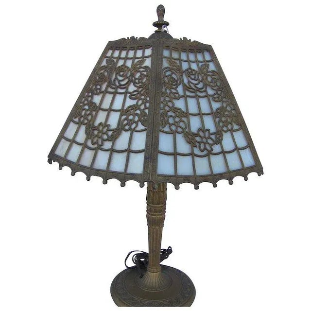Glass 1920s Paneled Slag Glass Filegree Table Lamp For Sale - Image 7 of 7