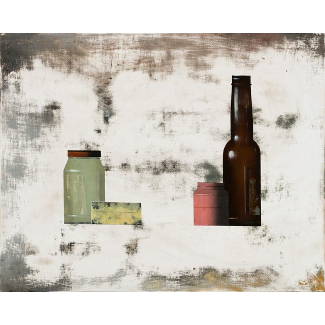 Structure 2 by Matthew Saba | Oil on panel Still life of bottles and jars on a textured background For Sale