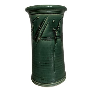 1970s Green Studio Pottery Vase, Signed For Sale
