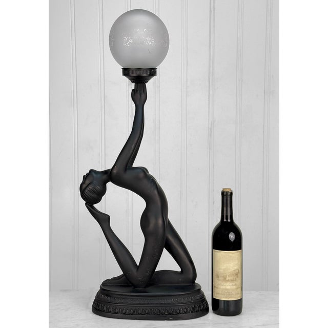 1980's Neo-Art Deco Figural Nude Women Lamp Metal Base with Original Matte Black Finish Original Frosted Glass Orb Shade...