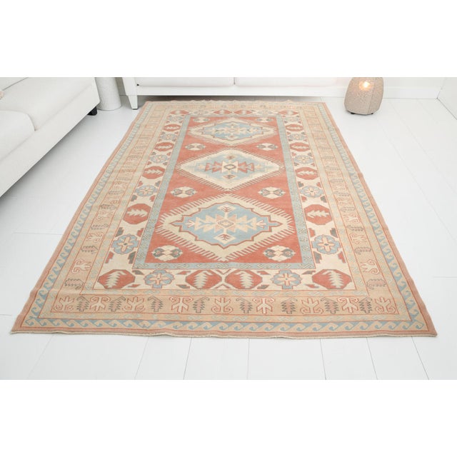 Tan Hand-Knotted Bohemian Area Rug, Faded Terracotta and Blue Carpet For Sale - Image 8 of 10