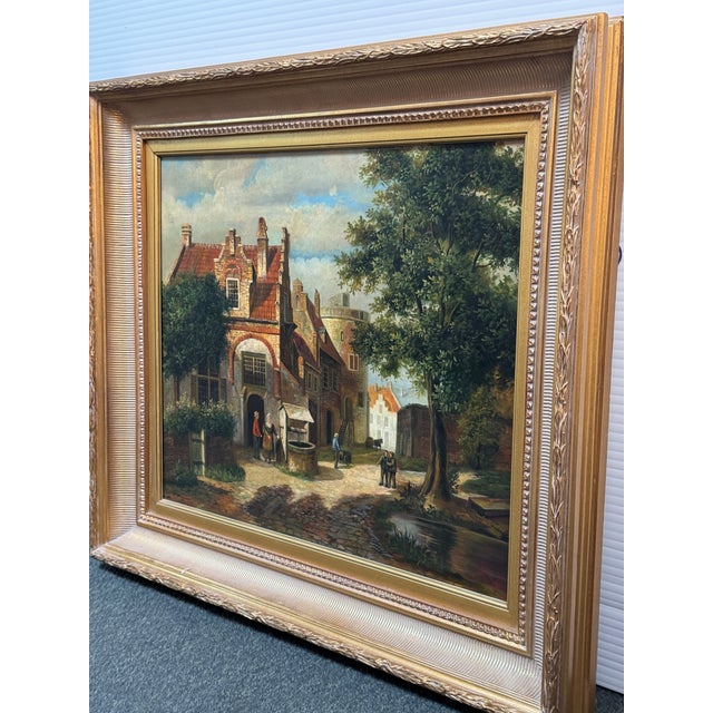Dutch Village Scene Original Painting, Signature Under Custom Frame