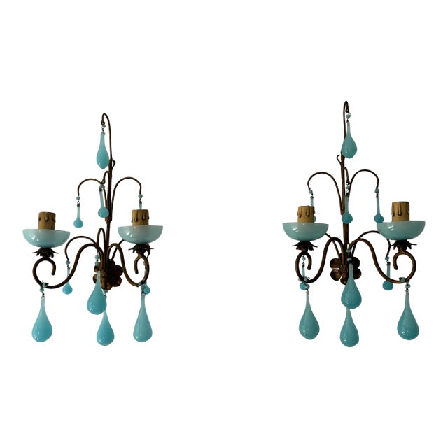 French Aqua Blue Opaline Drops Bobeches & Beads Sconces C 1920 For Sale