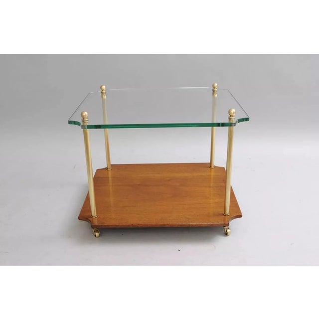 Vintage Paul Mccobb Style Mid Century Modern Walnut Brass & Glass Side / End Table. Item features a thick glass top with...