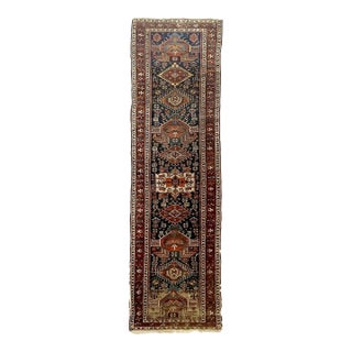 1920's Ancient Nomadic Northwest Persian Karaja Indigo, Clay & Forest Green Runner Rug 3.2 X 13.5 For Sale