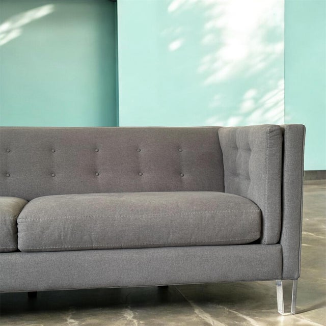 Plastic Modern Grey Tufted Sofa With Acrylic Legs – For Sale - Image 7 of 10