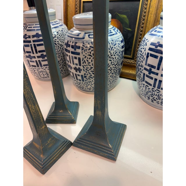 Dusty Blue Patinated Metal Candlesticks With Antiqued Gold Highlight Set of 3 For Sale - Image 11 of 14