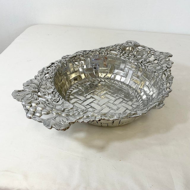 Silver 1998 Vintage Arthur Court Hollywood Regency Faux Wicker Basket Serving Bowl. For Sale - Image 8 of 12