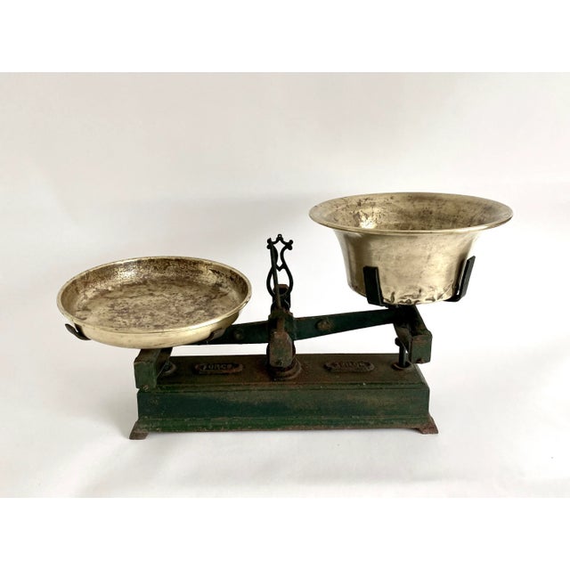 European Rustic Cast Iron Balance Scale W/ Original Brass Pans For Sale - Image 4 of 12