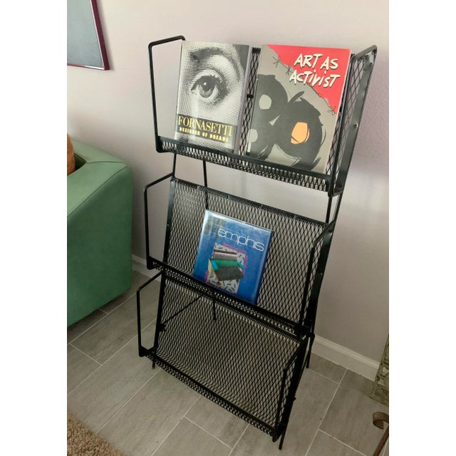 Black Mid Century Modern Folding Iron Magazine Rack - Atomic Modernist Metal Design For Sale - Image 8 of 13