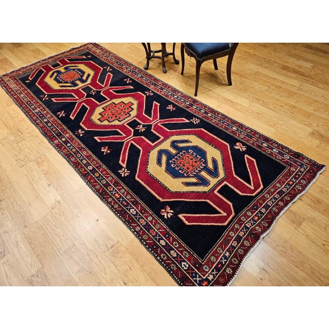 Antique Northwest Persian Runner Rug, Hand-Knotted Wool, Geometric Medallions Pattern, 4x10, Navy & Red For Sale In Chicago - Image 6 of 18