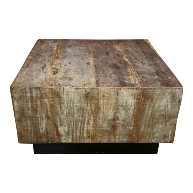 Vintage Rustic Wood Coffee Table With Black Base For Sale