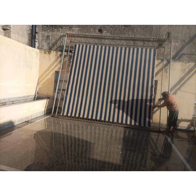 Handwoven Cotton Rug, Vegetable Dyed Sky Blue, Cream and Orange Striped Dhurrie - 10'x14' For Sale - Image 11 of 12