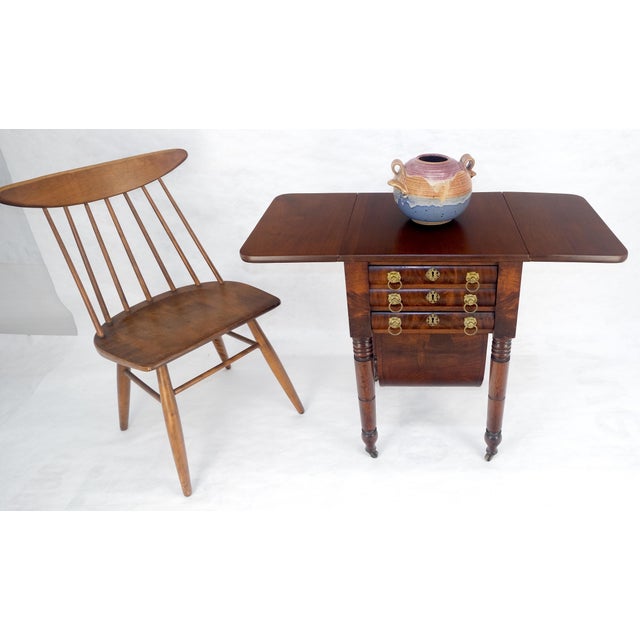 Solid flame Mahogany Turned Legs 3 Drawer Drop Leaf Sewing Stand Cabinet MINT For Sale - Image 12 of 13