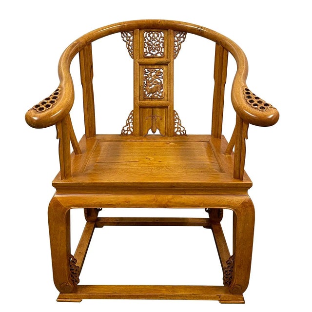 Chinese Vintage Chinese Camphor Wood Horseshoe Back Armchairs Set For Sale - Image 3 of 13