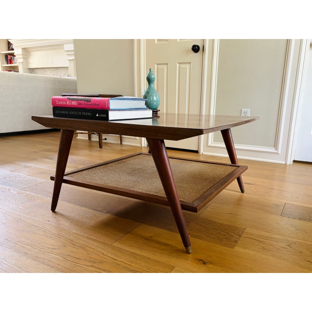 Mid 20th Century Imperial Furniture Mid-Century Modern Walnut Coffee Table With Woven Cane Shelf For Sale - Image 5 of 14