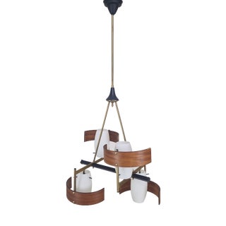 Mid-Century Italian Brass, Teak and Opaline Glass Chandelier attributed to Stilnovo, 1960s For Sale