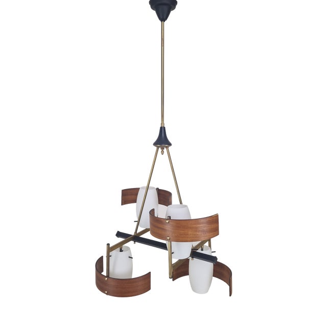 Mid-Century Italian Brass, Teak and Opaline Glass Chandelier attributed to Stilnovo, 1960s For Sale