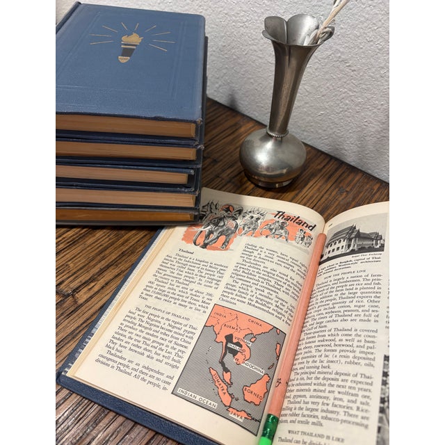 1950s Large Vintage Cream & Blue Encyclopedia Hardcover Stack - Set of 6 - Royal Octavo Format - Modern Minimalist / Japandi Vignette For Sale - Image 5 of 9