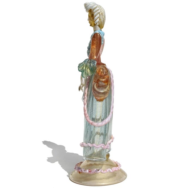 Glass Murano Victorian Dress Woman Pink Blue White Gold Flecks Vintage Italian Art Glass Figure Sculpture For Sale - Image 7 of 13