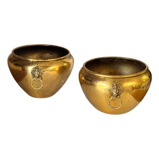 French Brass Cache-Pots with Lion Head Ornaments and Ring Handles, 1950s, Set of 2 For Sale