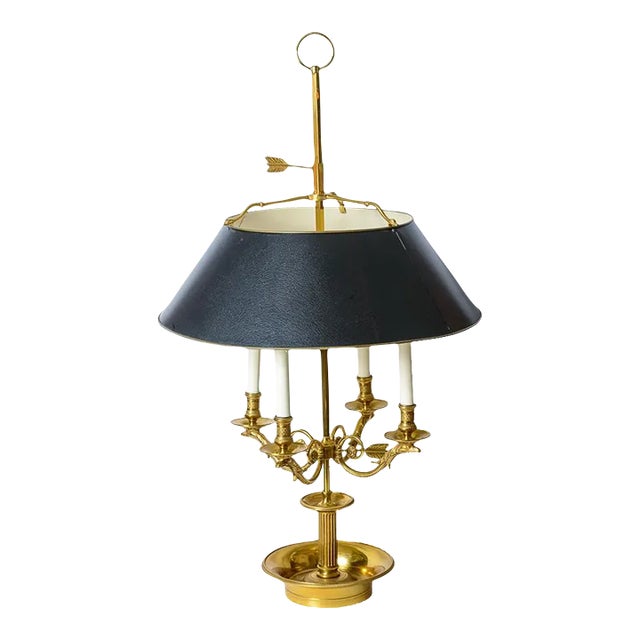 French Large Bouillotte Lamp With Black Tole Shade, 1940s For Sale